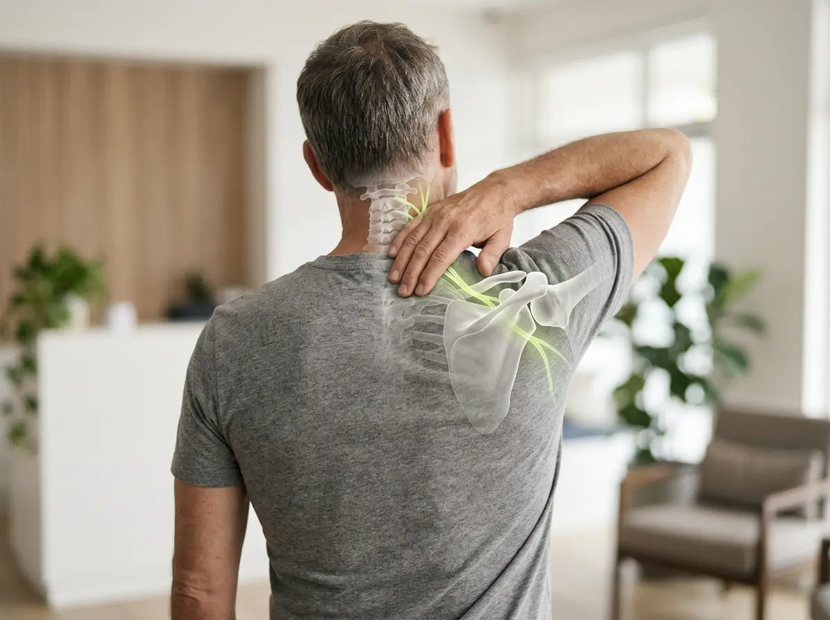 Patient holding shoulder from behind with scapula and cervical spine anatomy highlighted