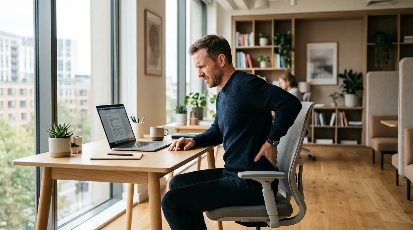 Man seated in an office chair holding his lower back in pain