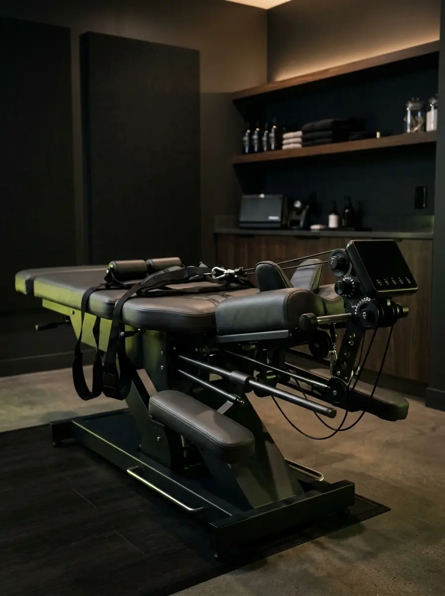 Modern spinal decompression therapy table in a dark treatment room