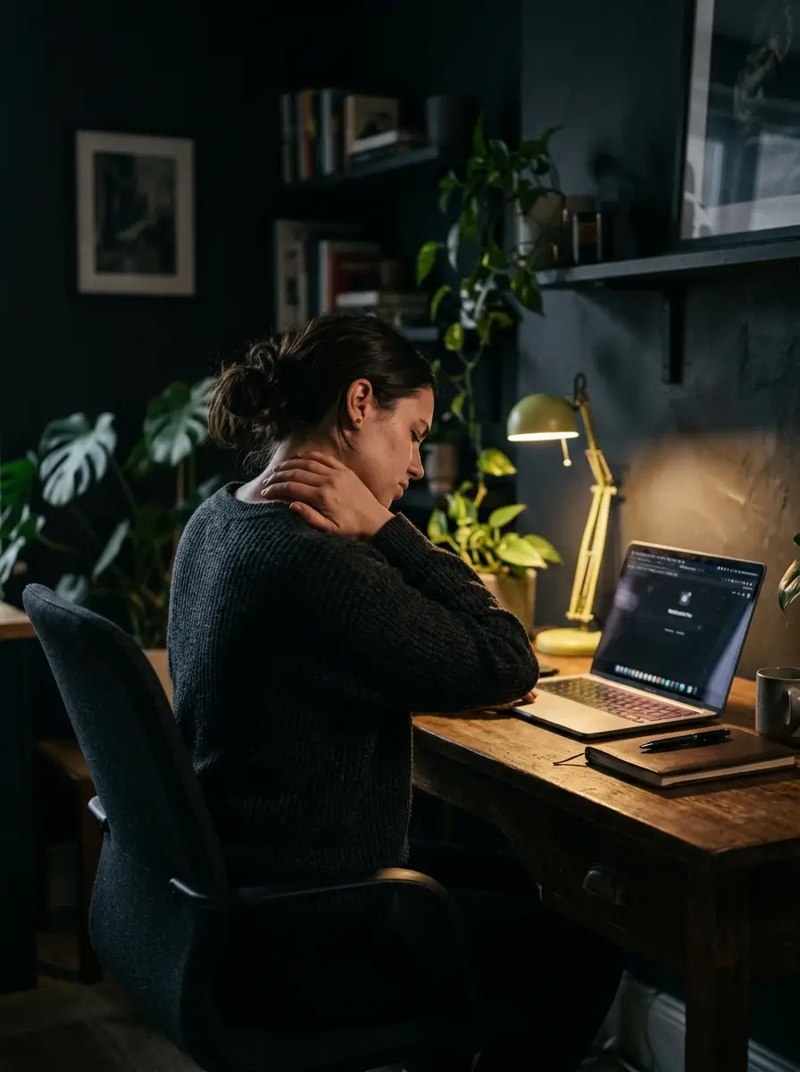 Woman at a desk rubbing her upper back in discomfort