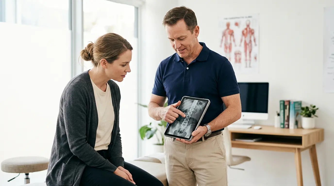 Chiropractor reviewing a spine X-ray on a tablet with a patient