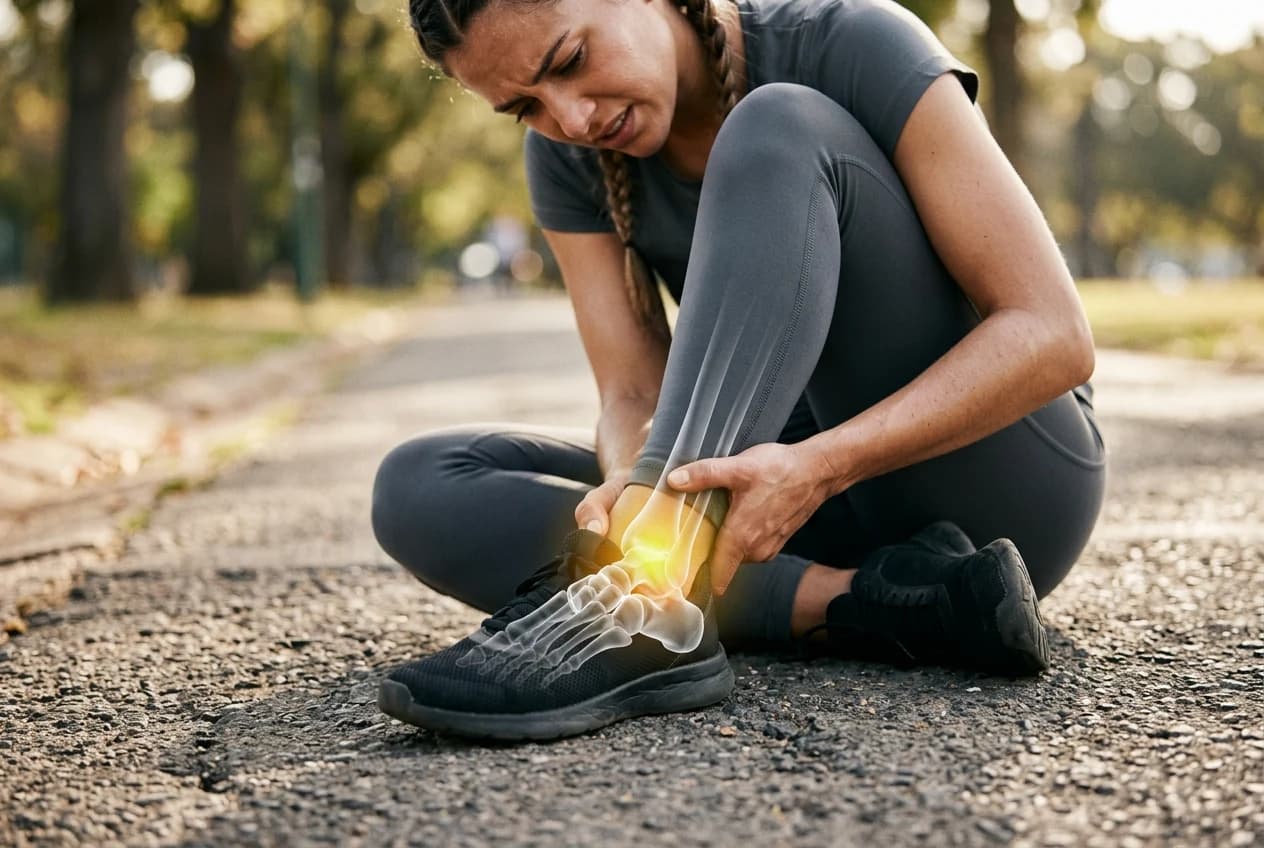 Athlete experiencing overuse injury pain with clinical anatomy overlay
