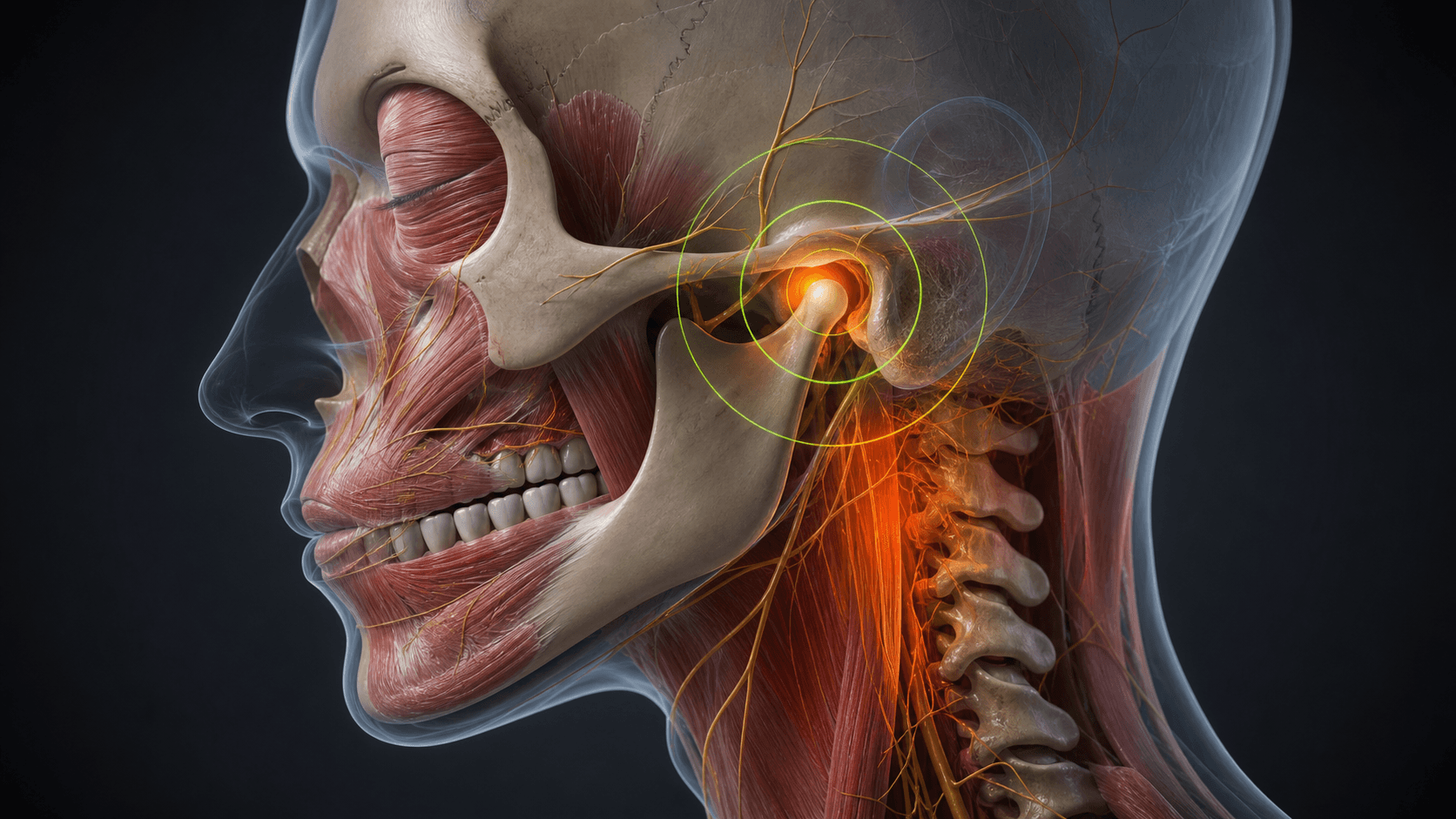 Close-up 3D anatomy illustration of the TMJ joint, mandible, and cervical vertebrae with an amber joint glow and lime diagnostic rings