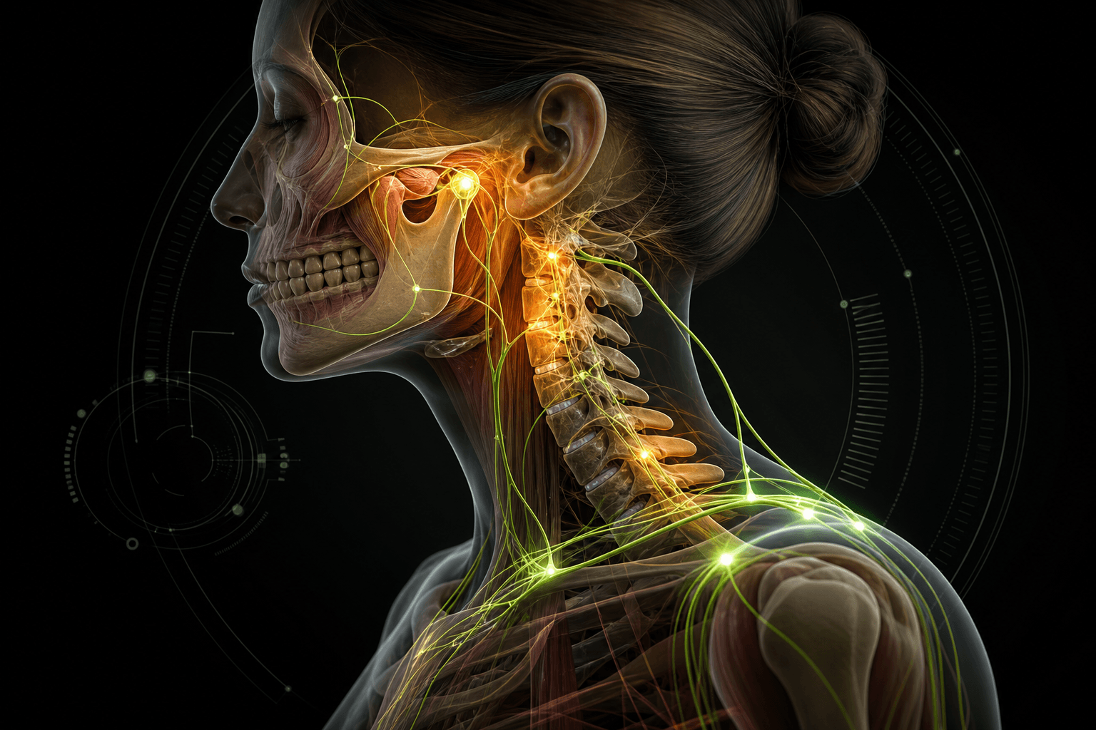 Translucent 3D anatomy illustration of a side-profile skull, jaw hinge, and cervical spine with glowing nerve pathways