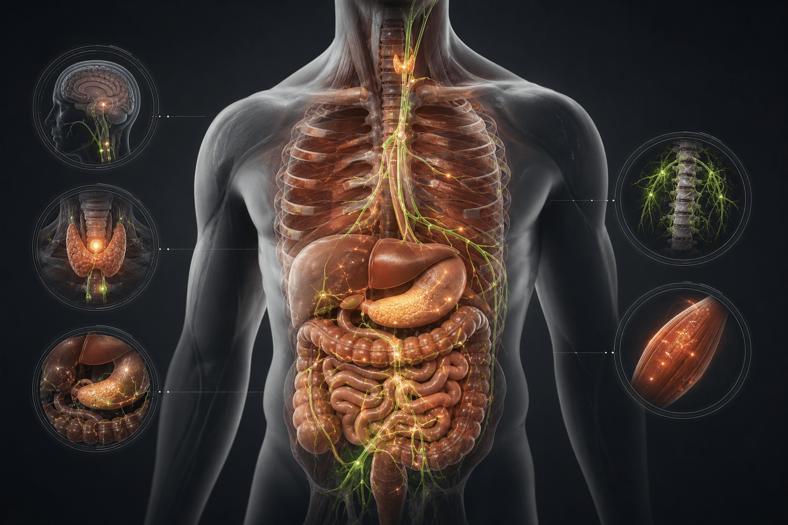 Translucent 3D anatomy illustration of the endocrine and digestive systems with diagnostic inset circles