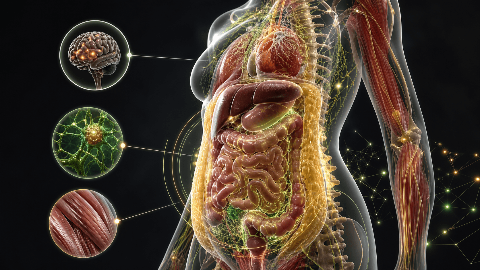 Translucent 3D anatomy illustration of the metabolic torso showing digestive organs, spine, muscle, diagnostic inset circles, and lime nerve pathways