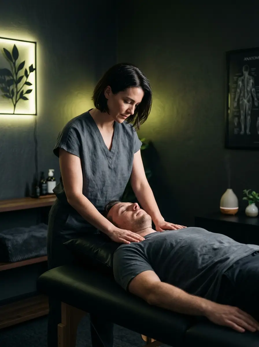 Chiropractor providing calm therapeutic care to a relaxed patient