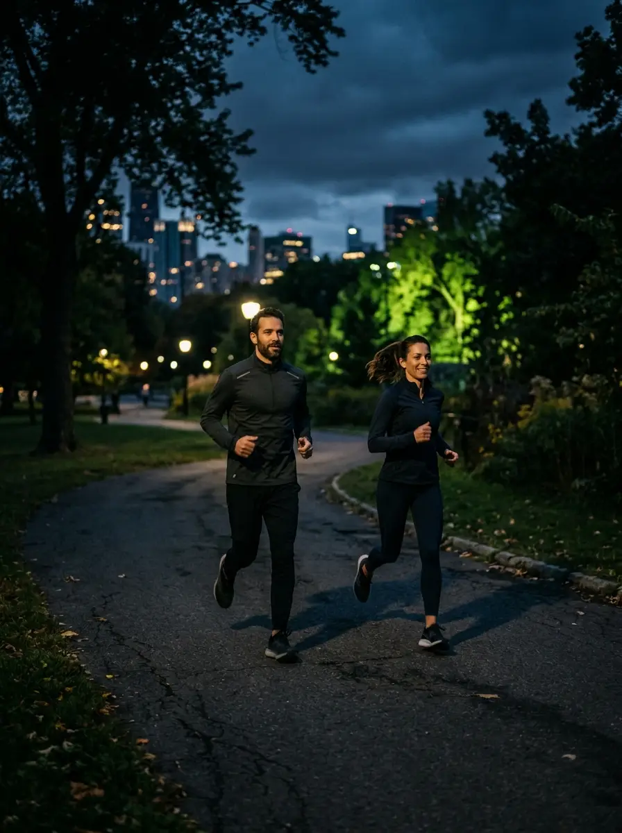Active couple jogging together outdoors at dusk