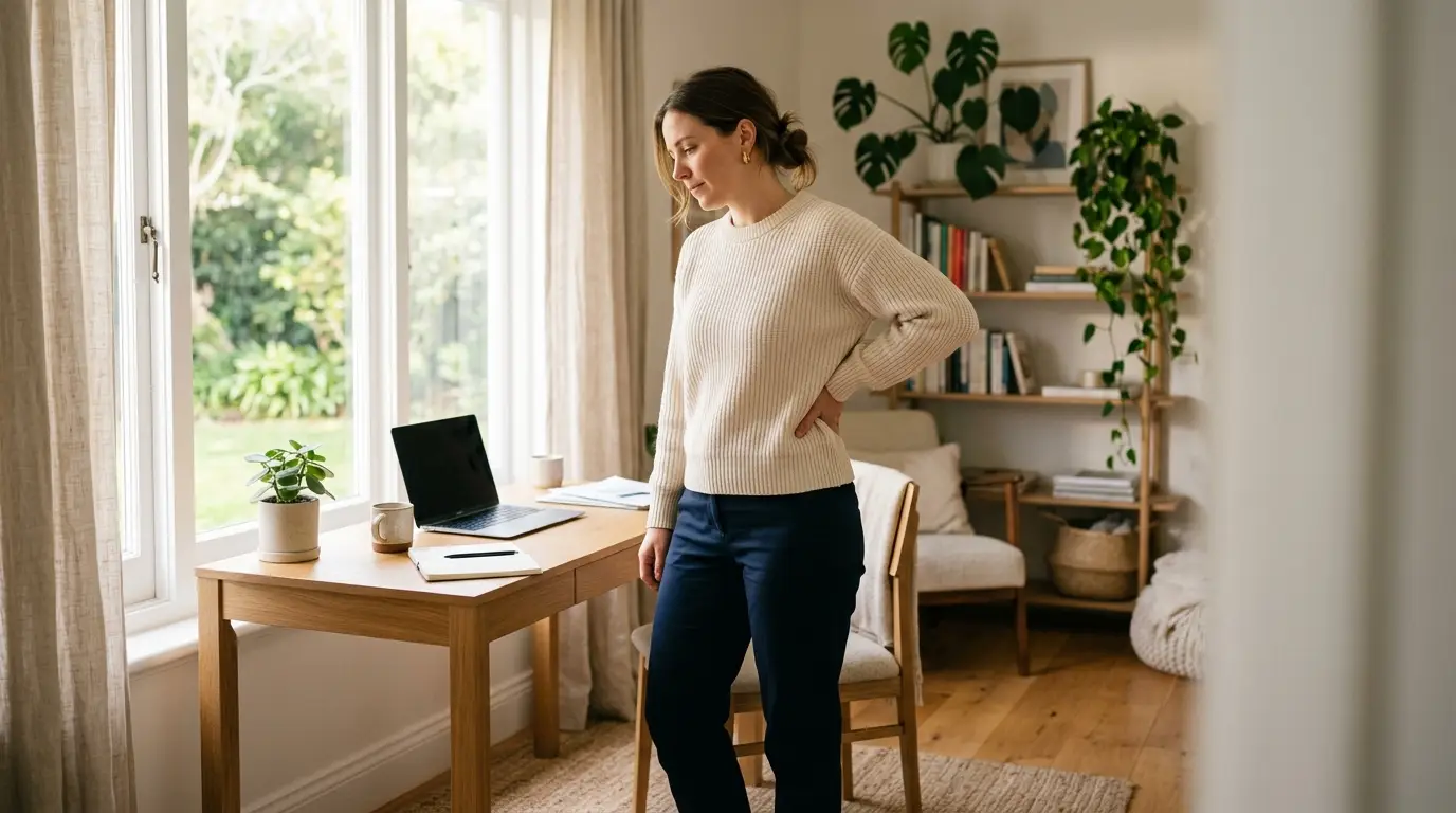 Woman near a bright window holding her lower back in discomfort