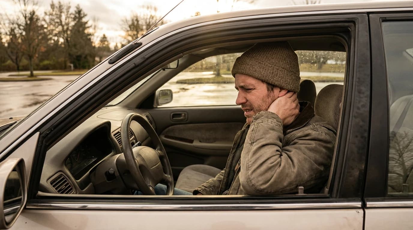 Man holding his neck while sitting in a car