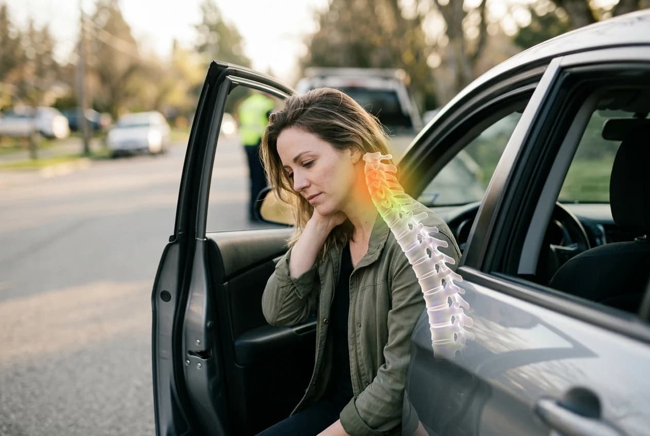 Woman holding her neck near a car after a whiplash injury
